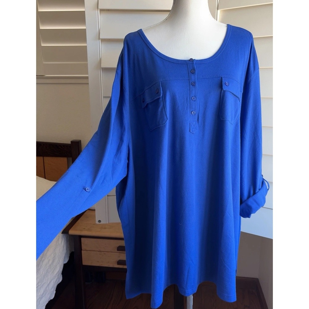 New Woman Within Tunic Top Plus 5X 38/40 Royal Blue  Roll Tab Sleeves Henley NWT